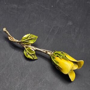Yellow Enamel Rose Brooch Flower Floral Vintage Costume Jewelry